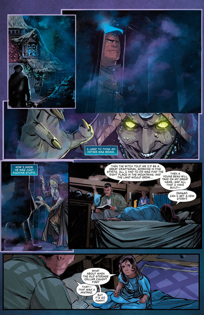 An interior comic page from Dark Horse's Critical Role Beauregard Lionett book shows multiple panels with a glowing-eyed witch, a dark house, and a father reading to his daughter