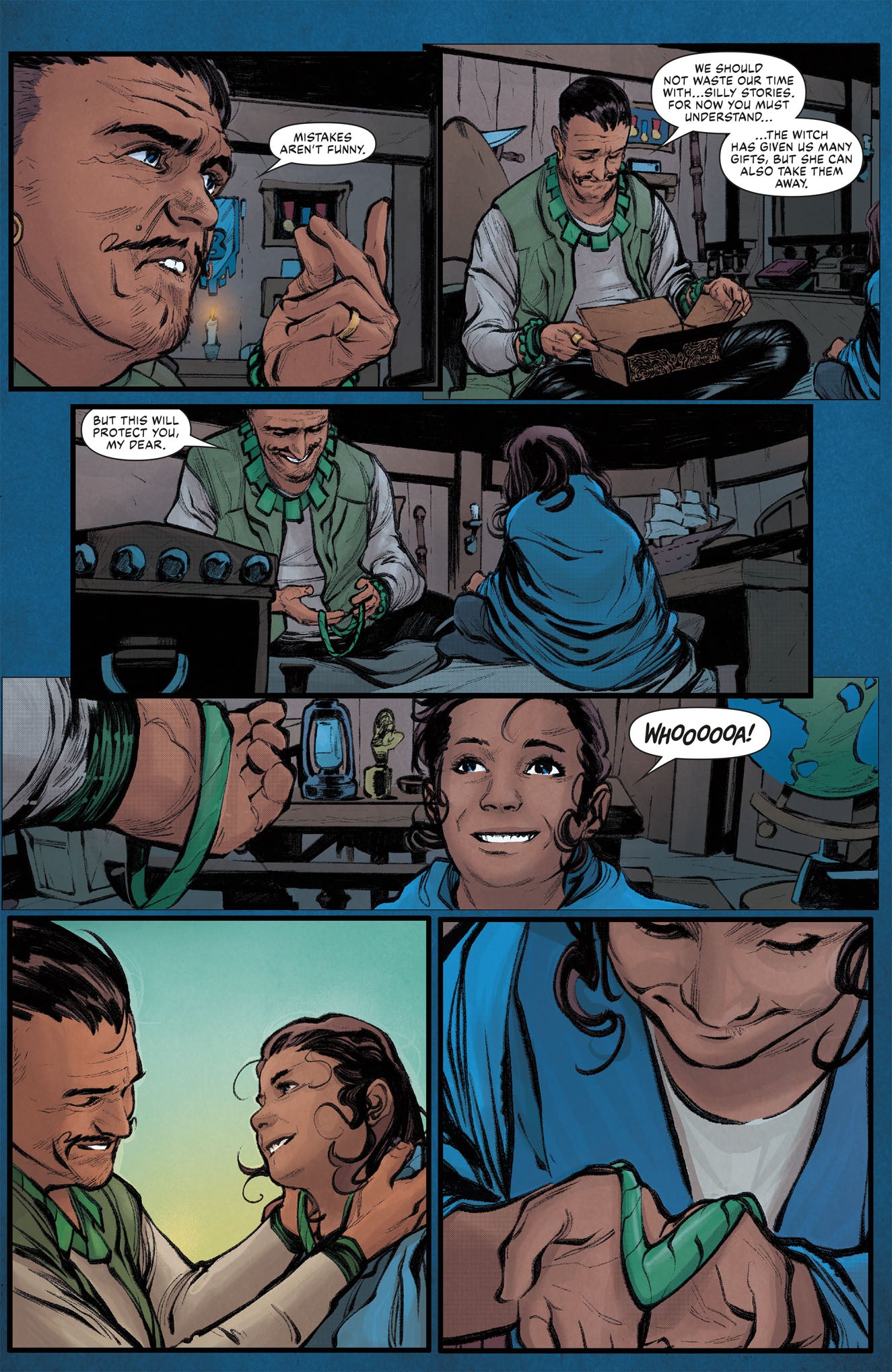 A multi-panel comic page from Dark Horse's Critical Role: The Mighty Nein Origins - Beauregard Lionett shows a man gifting a thick green bracelet to a smiling young woman