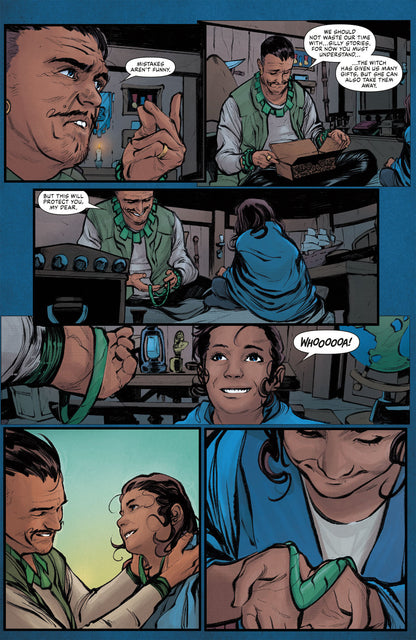 A multi-panel comic page from Dark Horse's Critical Role: The Mighty Nein Origins - Beauregard Lionett shows a man gifting a thick green bracelet to a smiling young woman