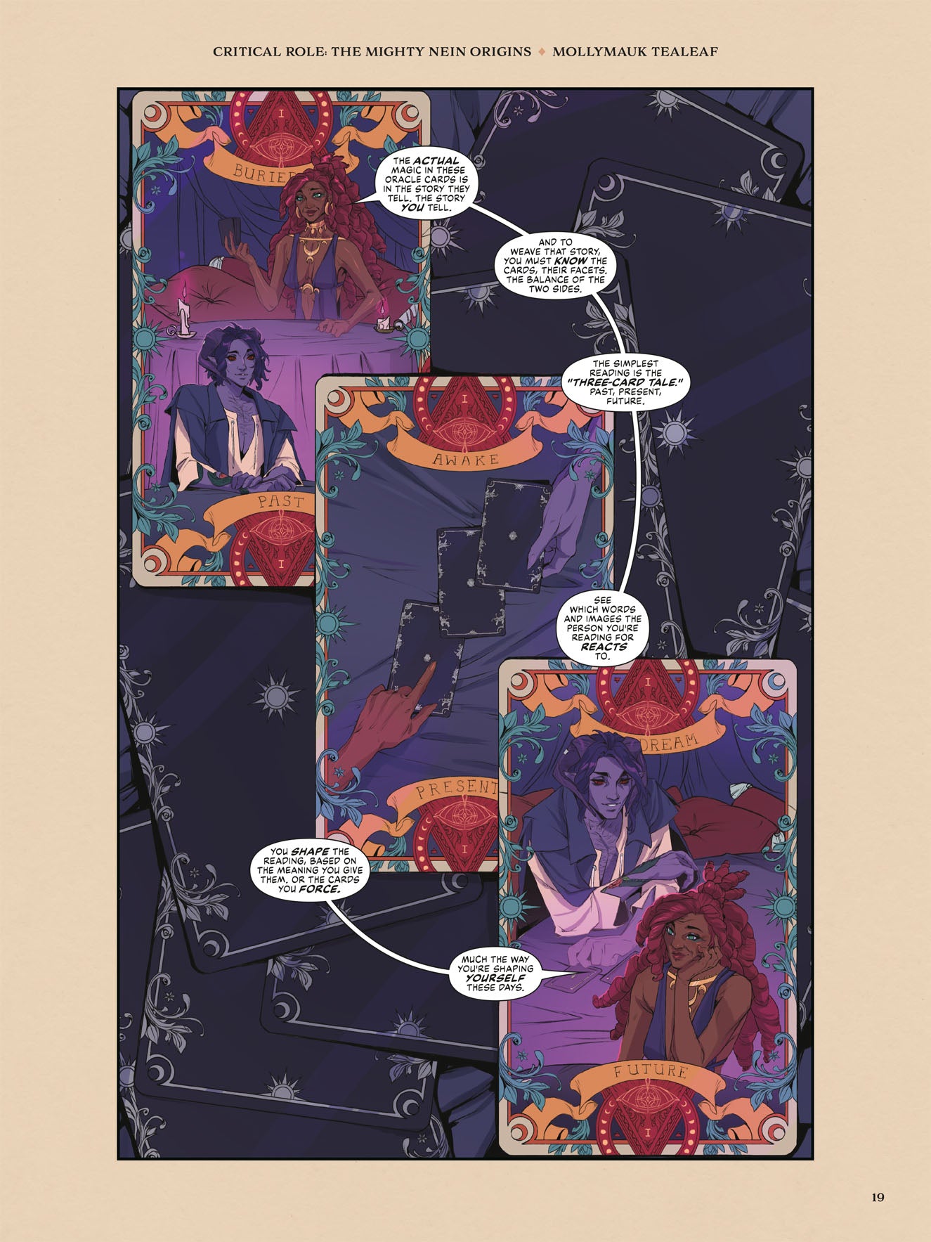 This comic book page from the Dark Horse Critical Role Origins Library Edition Volume 2 features ornate tarot cards depicting Mollymauk Tealeaf in Past, Present, and Future