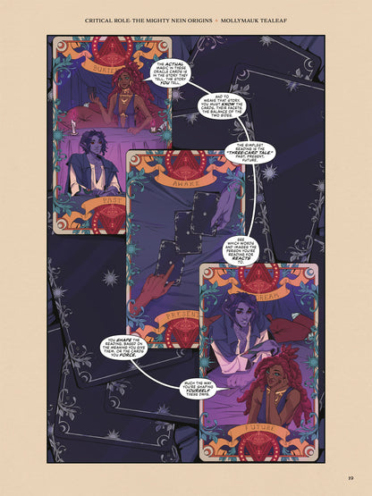 This comic book page from the Dark Horse Critical Role Origins Library Edition Volume 2 features ornate tarot cards depicting Mollymauk Tealeaf in Past, Present, and Future