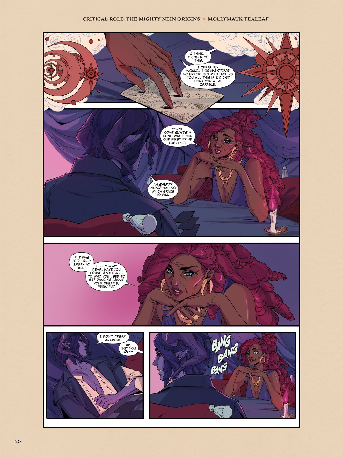 A vibrant full-color comic book page from Critical Role The Mighty Nein Origins Library Edition Volume 2, featuring multiple panels of characters conversing with speech bubbles