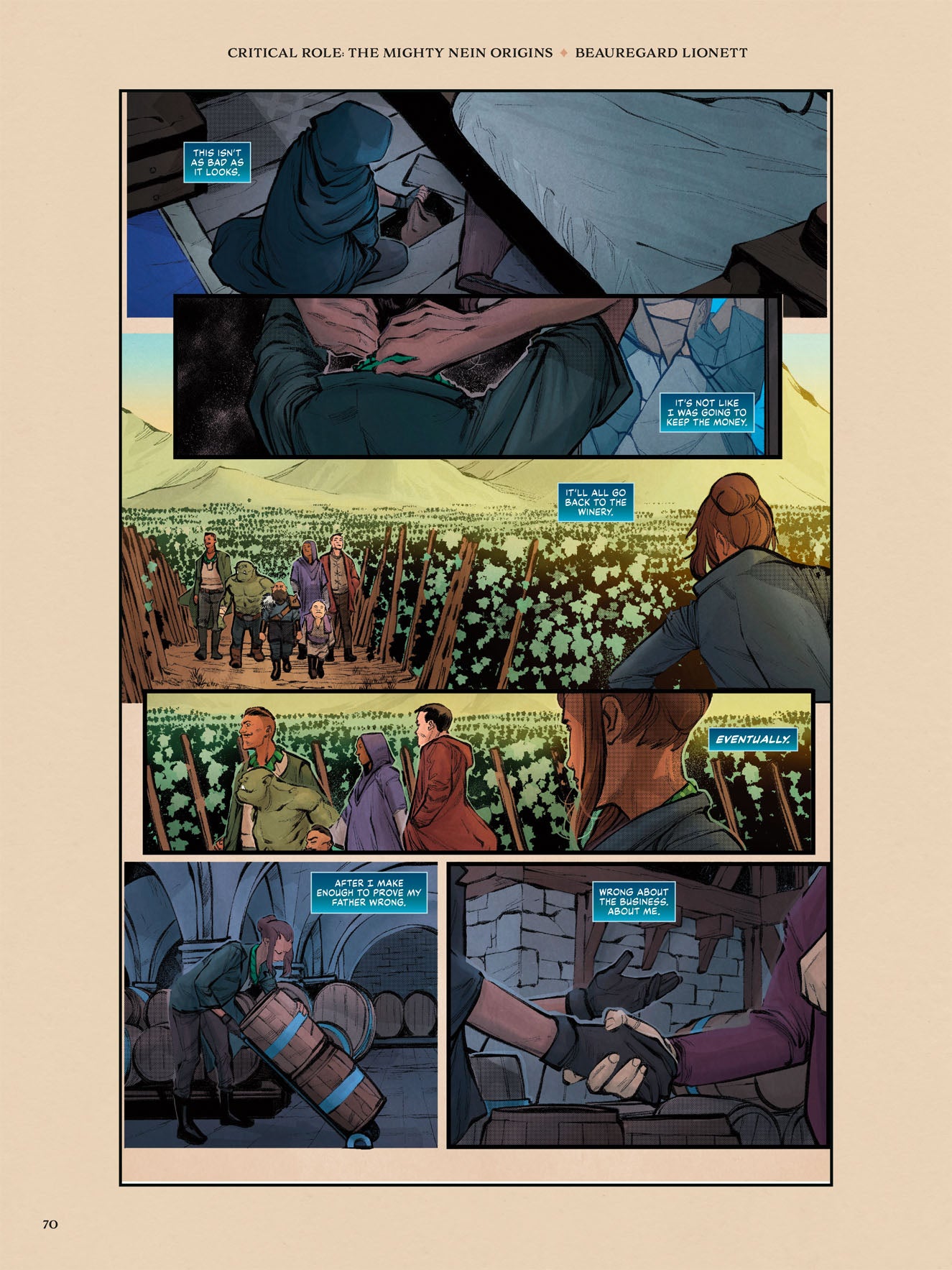 A Critical Role comic page from The Mighty Nein Origins Volume 2 shows Beauregard Lionett in multiple panels, with companions in a vineyard, rolling barrels, and reflecting on her choices