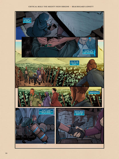 A Critical Role comic page from The Mighty Nein Origins Volume 2 shows Beauregard Lionett in multiple panels, with companions in a vineyard, rolling barrels, and reflecting on her choices