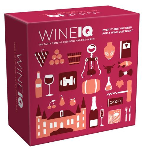 Wine IQ party game box with illustrations of wine grapes barrel corkscrew castle bottle glass cheese and other wine-related items