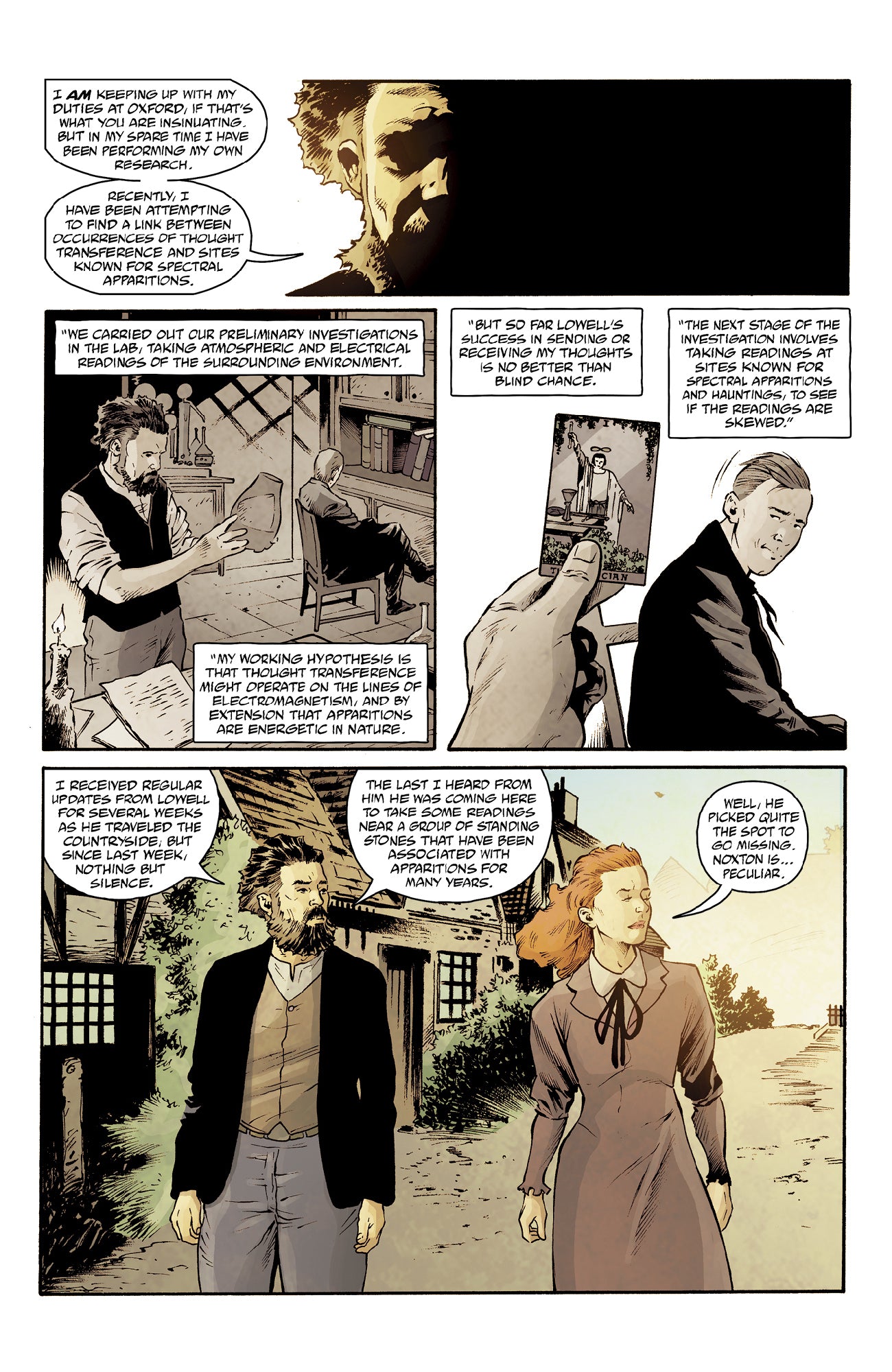 A bearded scientist researches paranormal activity, shown in a lab, holding a Magician tarot card, and discussing with a woman outdoors