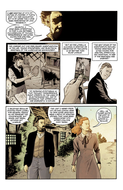 A bearded scientist researches paranormal activity, shown in a lab, holding a Magician tarot card, and discussing with a woman outdoors