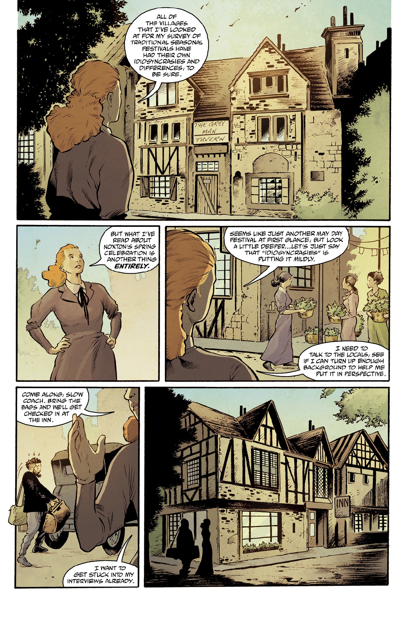 A woman and man arrive at an old village with Tudor-style buildings, ready to investigate its unique spring festival
