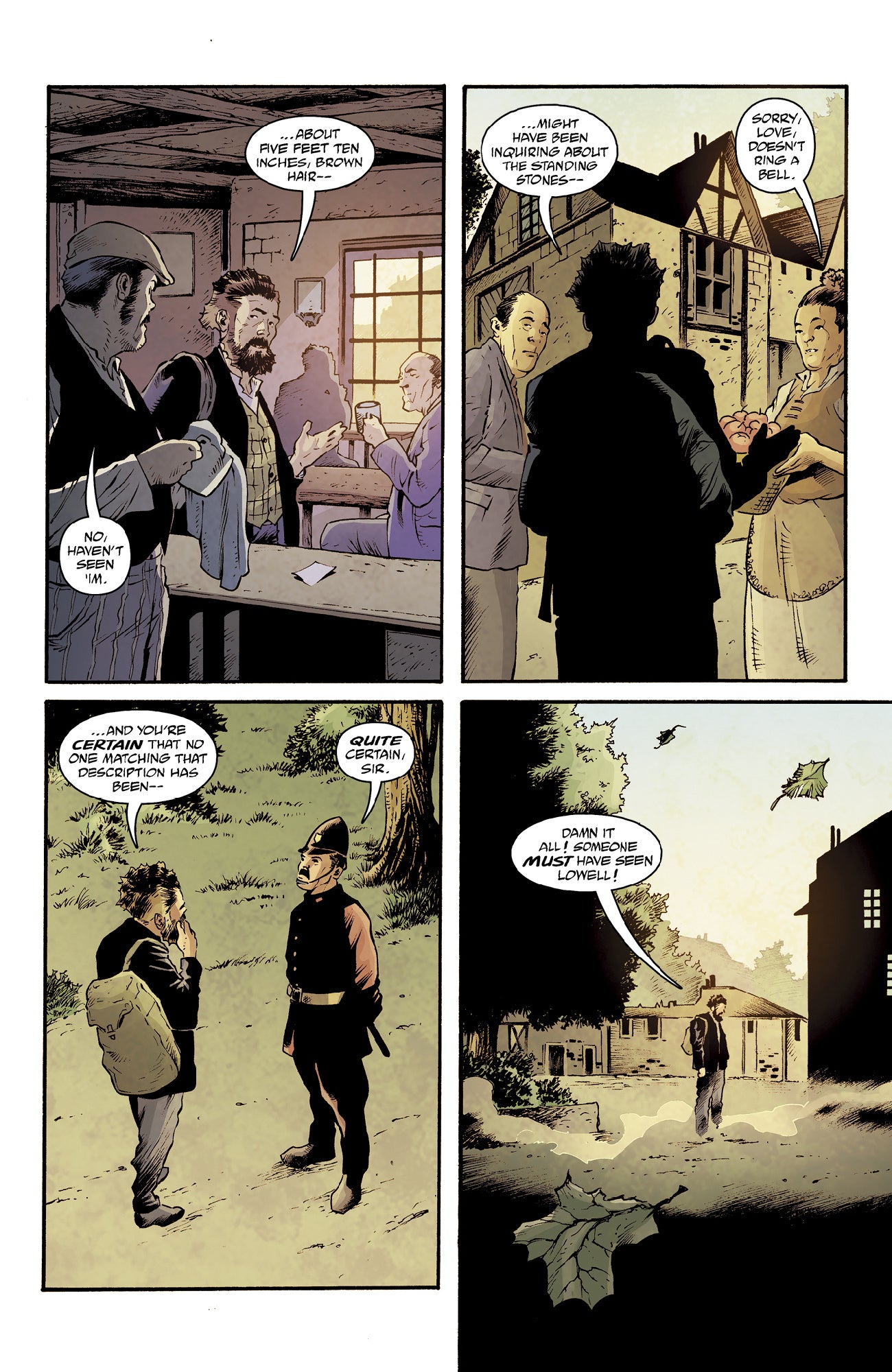 A man questions villagers and a police officer about a missing person in four panels, growing increasingly frustrated with no answers