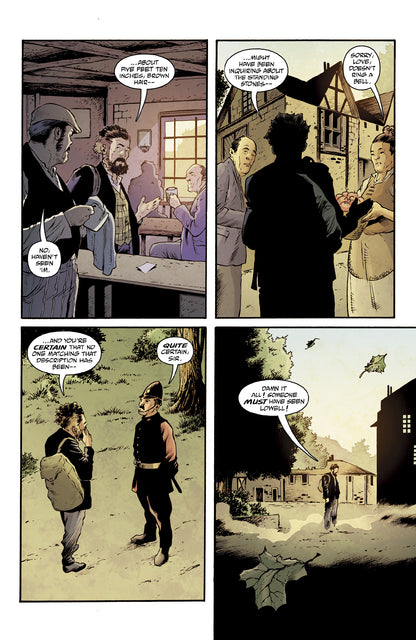 A man questions villagers and a police officer about a missing person in four panels, growing increasingly frustrated with no answers