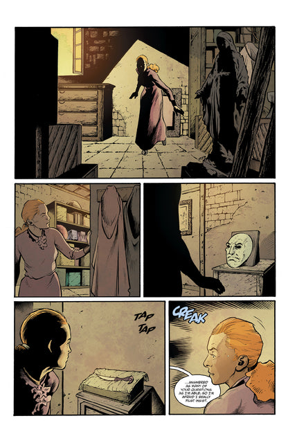 A red-haired woman explores a dim, old house, finding a pale mask and a ceremonial dagger
