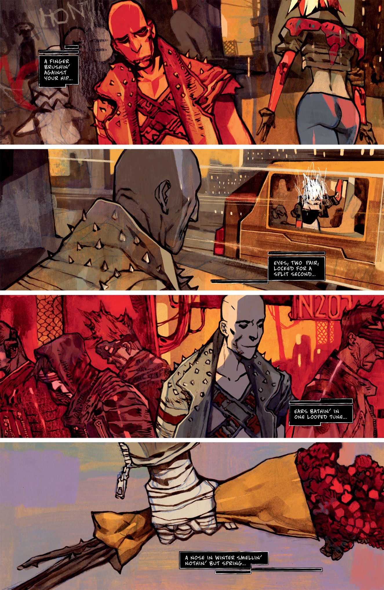 This detailed four-panel comic page from Dark Horse Cyberpunk 2077 Xoxo Book depicts gritty characters in dark, futuristic environments with narrative captions and a hand holding red flowers