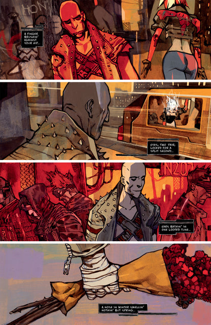 This detailed four-panel comic page from Dark Horse Cyberpunk 2077 Xoxo Book depicts gritty characters in dark, futuristic environments with narrative captions and a hand holding red flowers