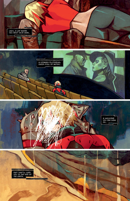A colorful comic page from the Dark Horse Cyberpunk 2077 Xoxo Book features four panels depicting diverse stylized characters an abstract landscape and poetic captions