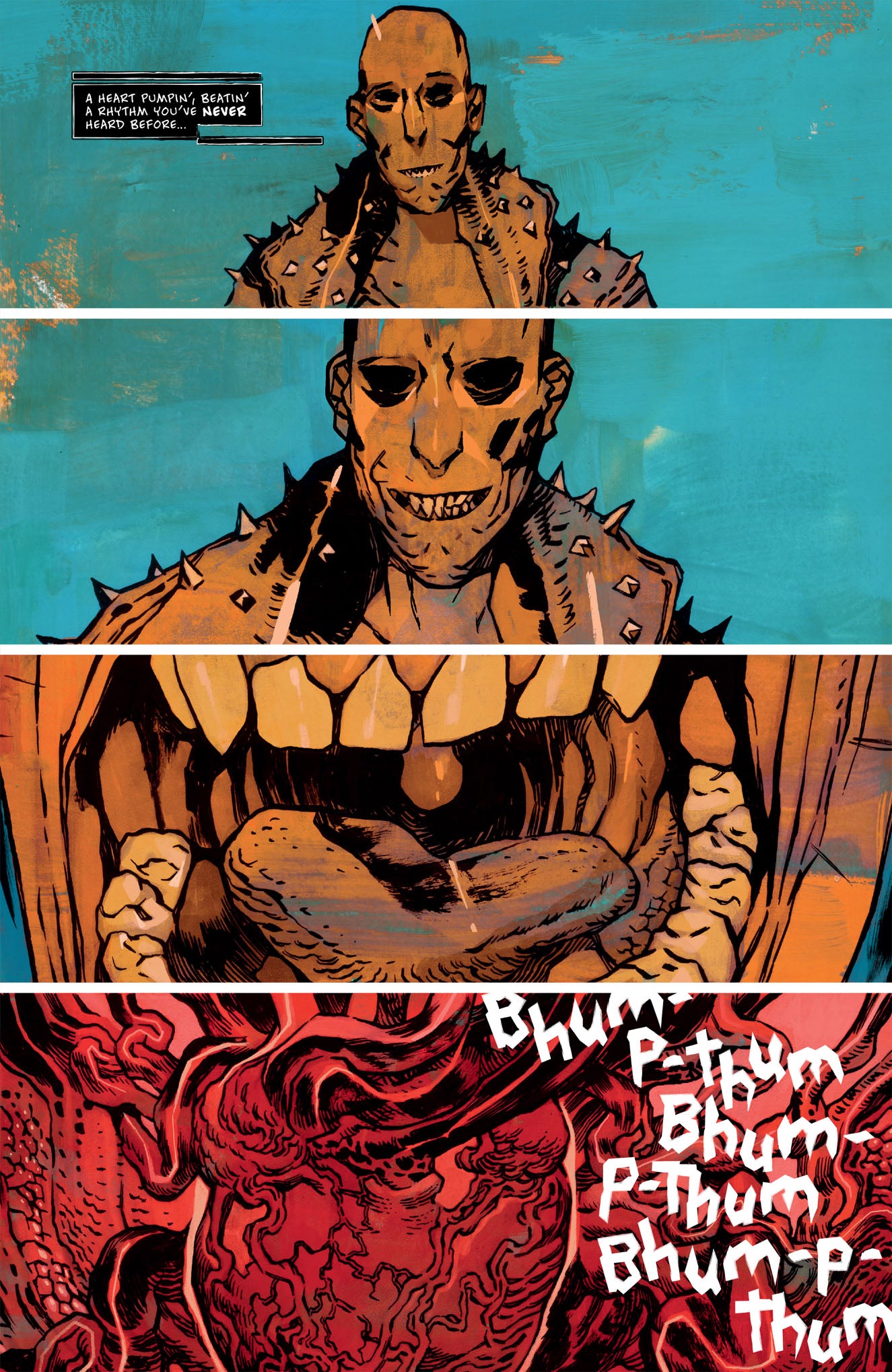 This comic book page from Dark Horse Cyberpunk 2077 Xoxo features a pale character with sharp teeth speaking about a heart, followed by close-ups of their mouth