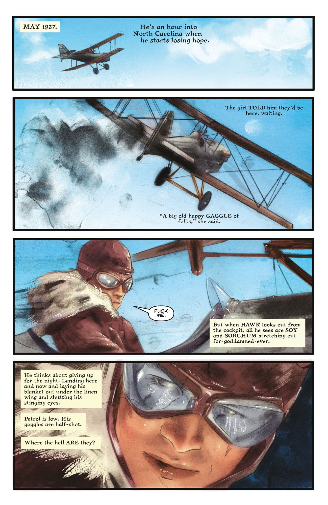 A worried pilot in goggles flies a biplane over 1927 North Carolina fields, lost, low on fuel, and searching for people