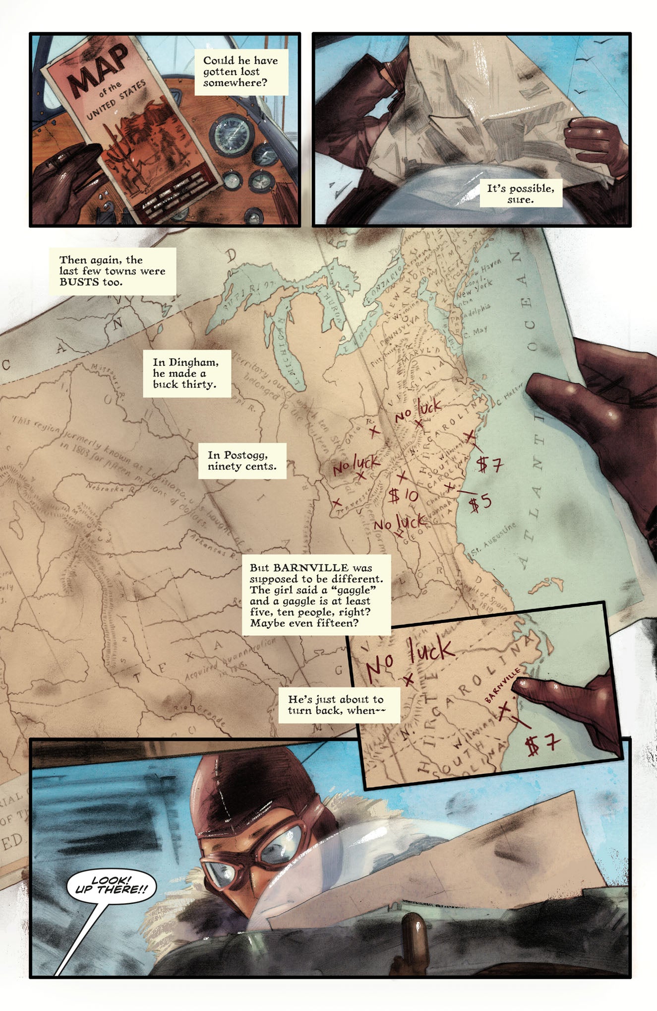 A pilot in goggles and helmet studies a US map, frustrated with "no luck" markings, then looks up sharply hearing "LOOK! UP THERE!!"
