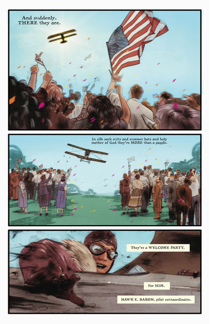 A biplane flies over a large, cheering crowd waving American flags and confetti. A pilot in goggles smiles from the cockpit