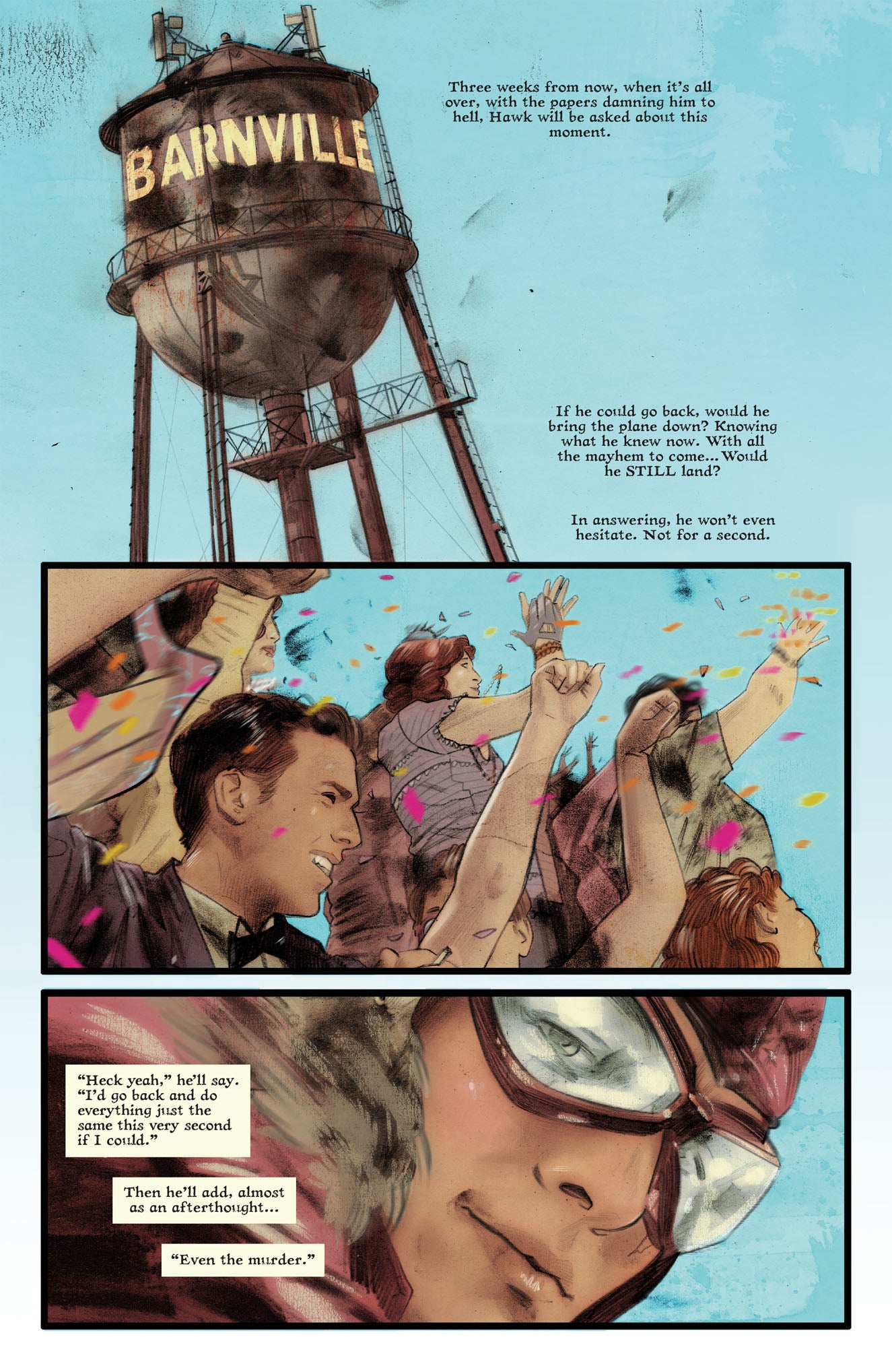 A comic page showing a "Barnville" water tower, a crowd celebrating with confetti, and a close-up of a serious face in goggles