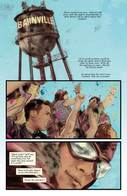 A comic page showing a "Barnville" water tower, a crowd celebrating with confetti, and a close-up of a serious face in goggles