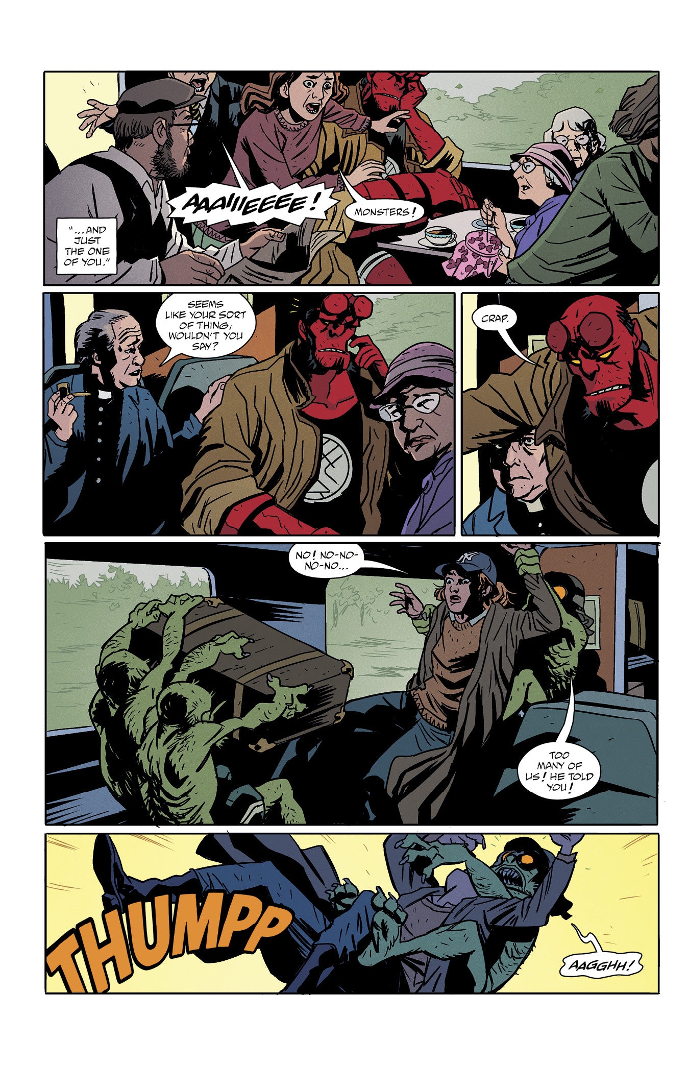 Hellboy sits on a train as green, scaly monsters burst from crates and attack passengers, causing widespread panic