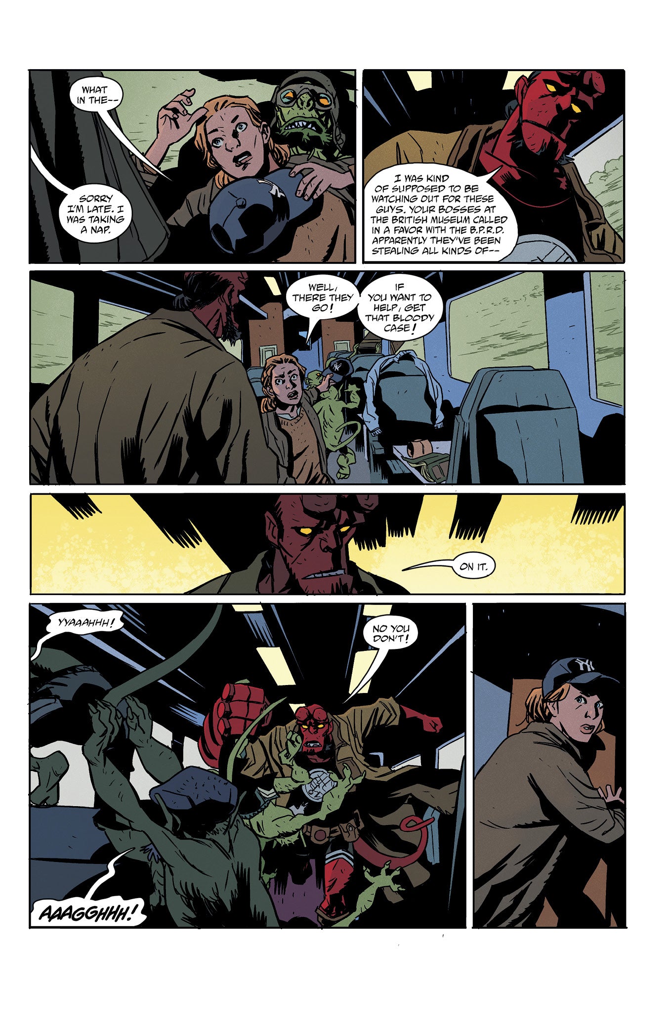 Red-skinned Hellboy, a demon, fights several green, frog-like creatures across the page, as a woman observes