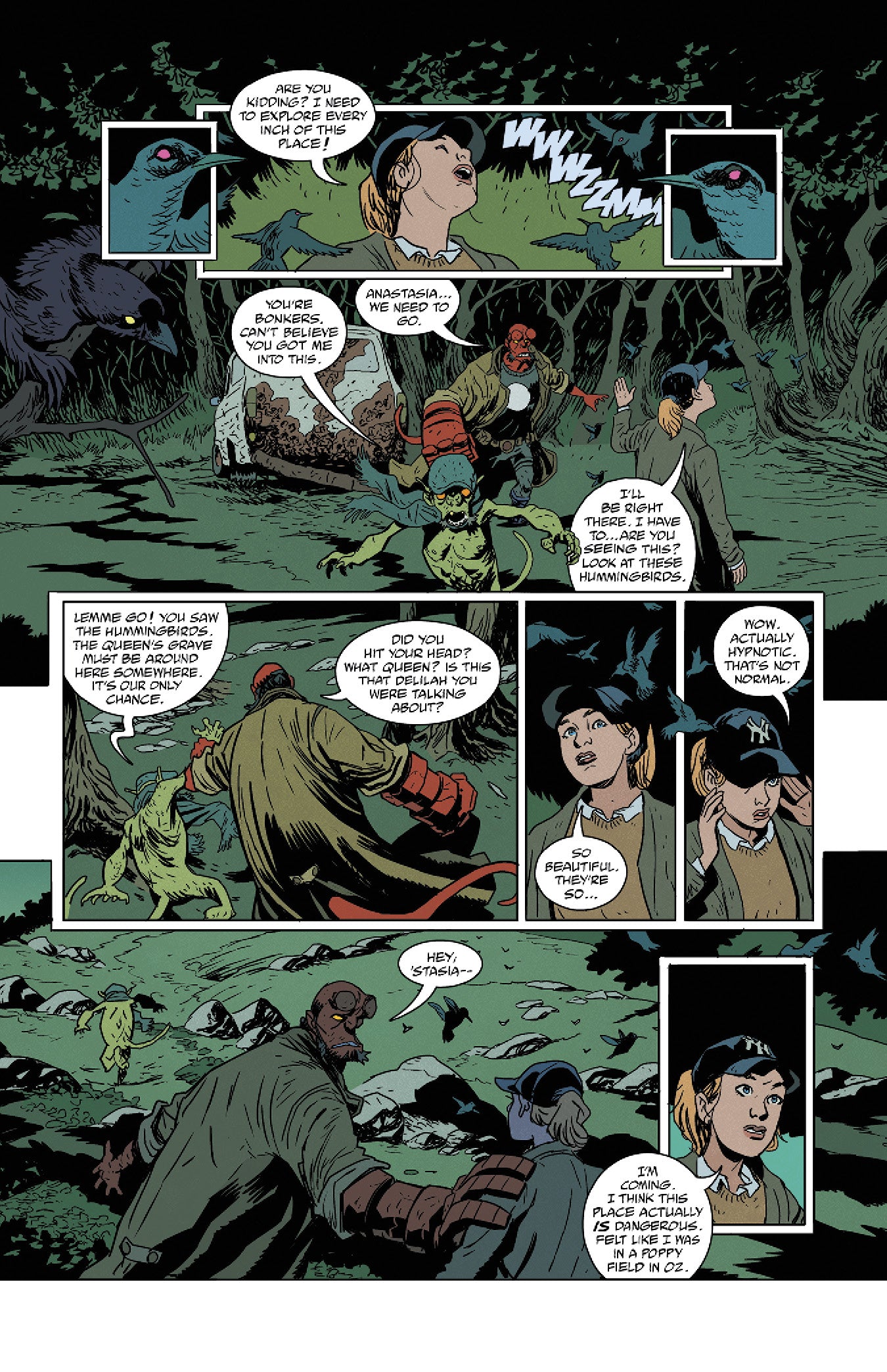 Hellboy, a woman, and a creature in a magical forest. The woman is mesmerized by hummingbirds as Hellboy urges her to leave
