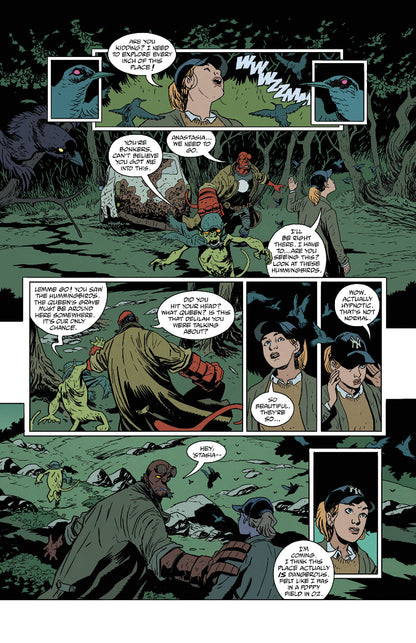 Hellboy, a woman, and a creature in a magical forest. The woman is mesmerized by hummingbirds as Hellboy urges her to leave