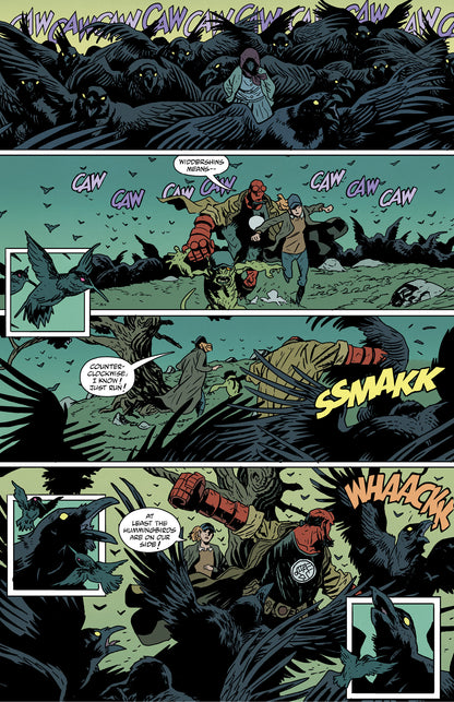 Hellboy and two companions are attacked by an aggressive crow swarm, fighting them off and attempting to flee