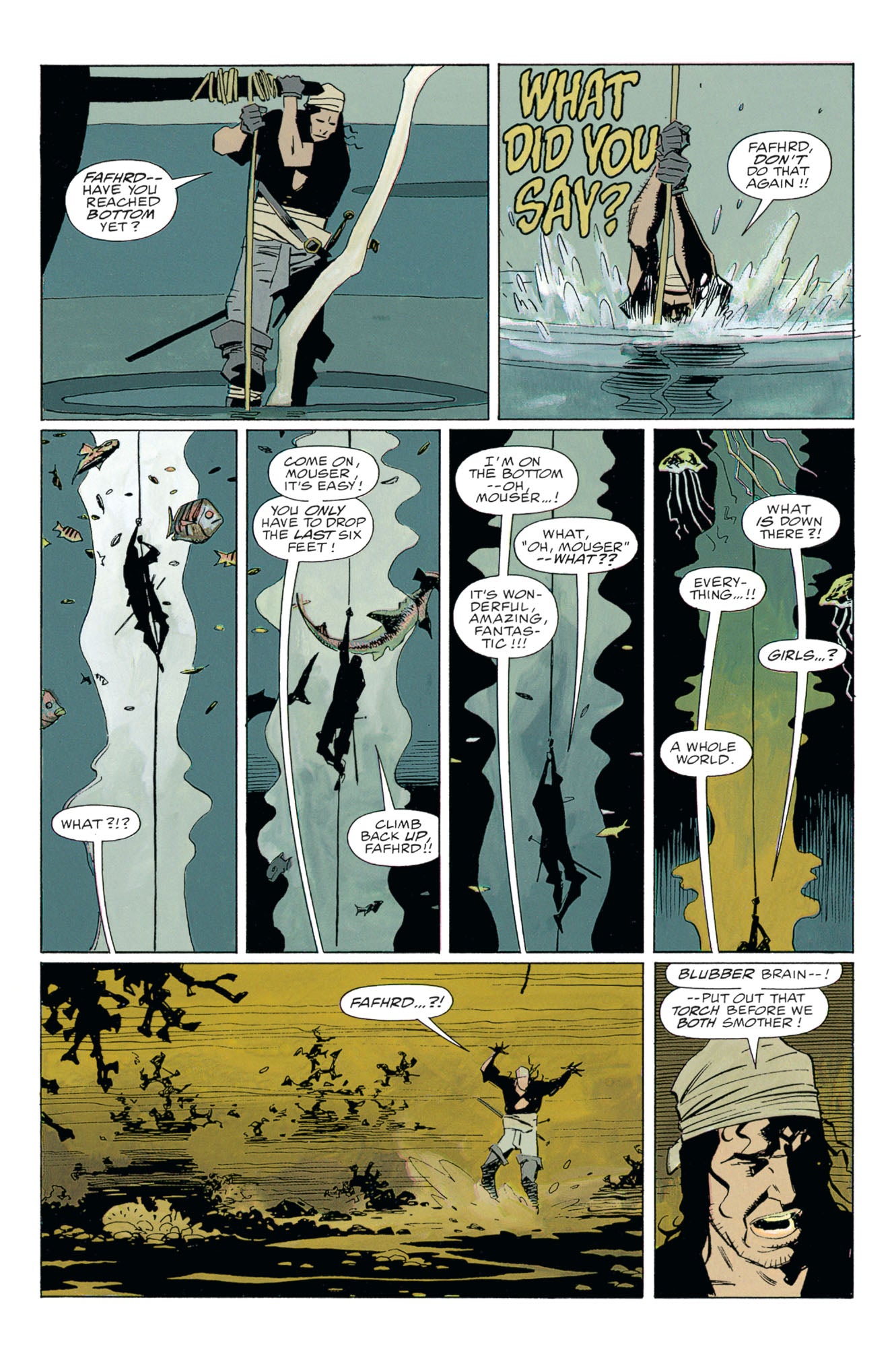 Comic page: Fafhrd holds a rope, alarmed, as Mouser descends into a bizarre, glowing underwater shaft with fish and jellyfish