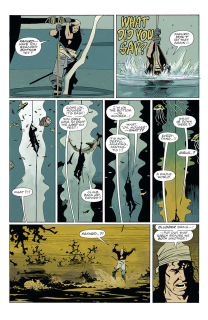 Comic page: Fafhrd holds a rope, alarmed, as Mouser descends into a bizarre, glowing underwater shaft with fish and jellyfish