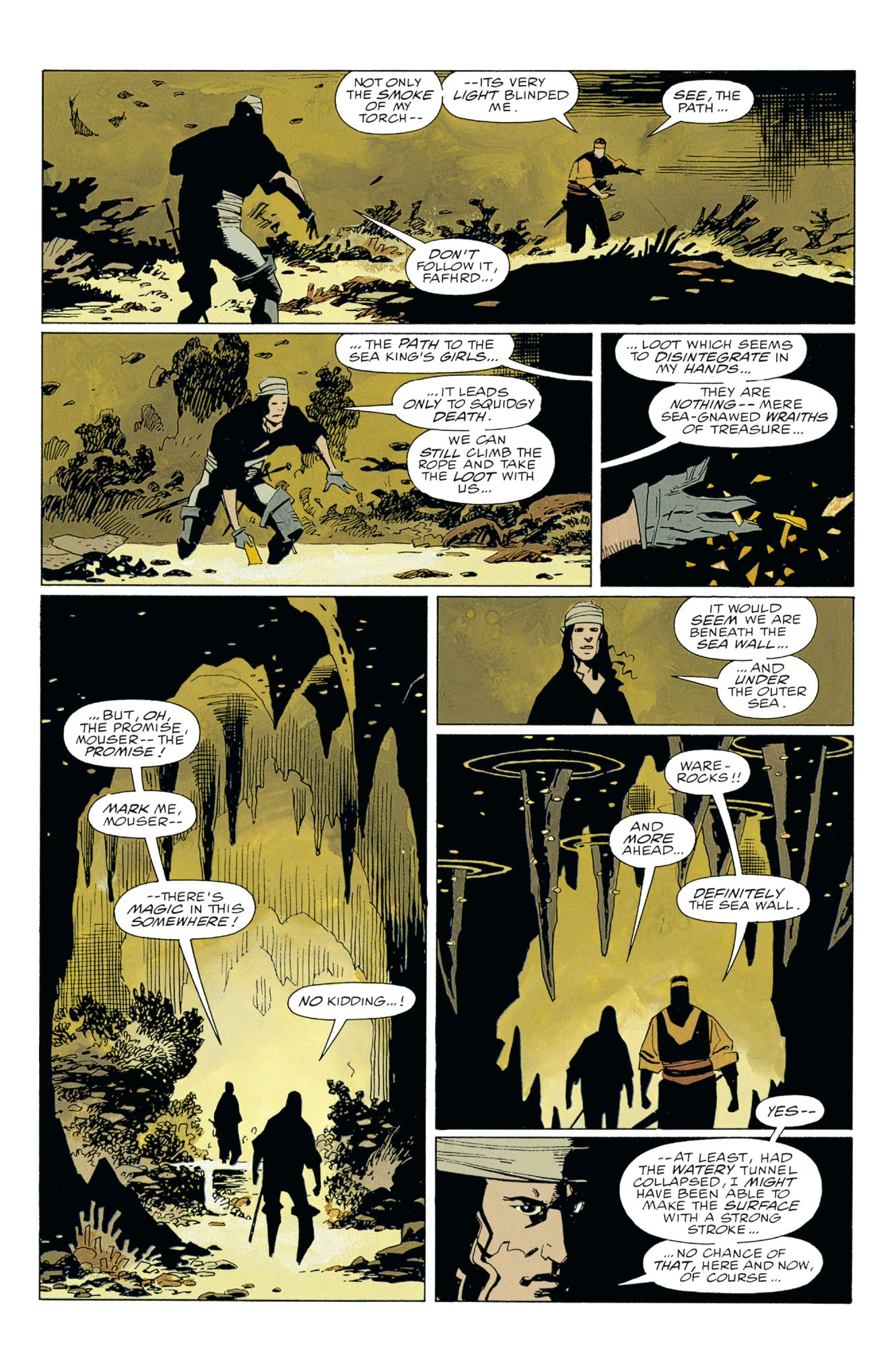 Two adventurers explore a torch-lit, rocky underwater cave, moving through strange formations and discussing their findings
