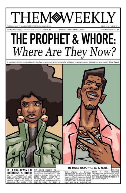 Newspaper: "THE PROPHET & WHORE" headline above a serious cartoon woman and a smiling cartoon man making a peace sign