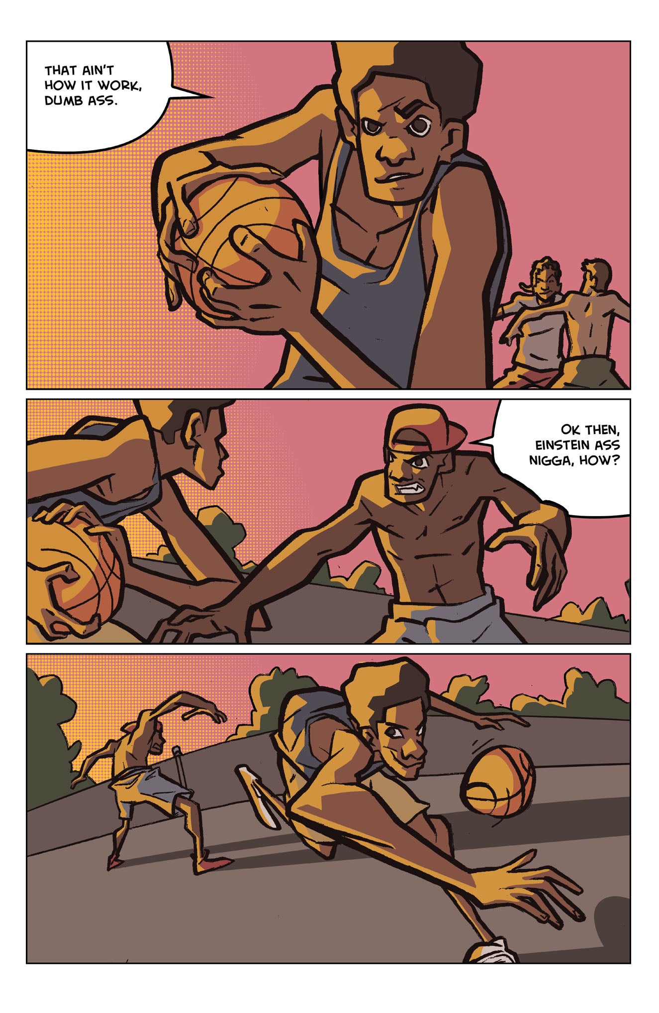 Comic strip: Young Black men in an intense street basketball game. Panels show holding the ball, a steal attempt, and a dribble