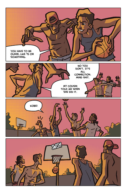A comic strip. Young men play street basketball. One shoots the ball, yelling "KOBE!" It goes through the hoop: "SWISH!"