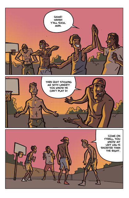 Comic: Friends play street basketball, high-fiving after a win, then arguing about defense and excuses
