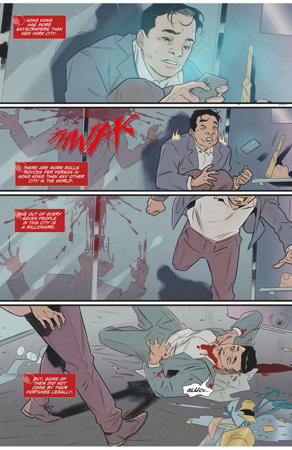 A man in a suit is violently attacked inside an elevator, collapsing and bleeding heavily on the floor