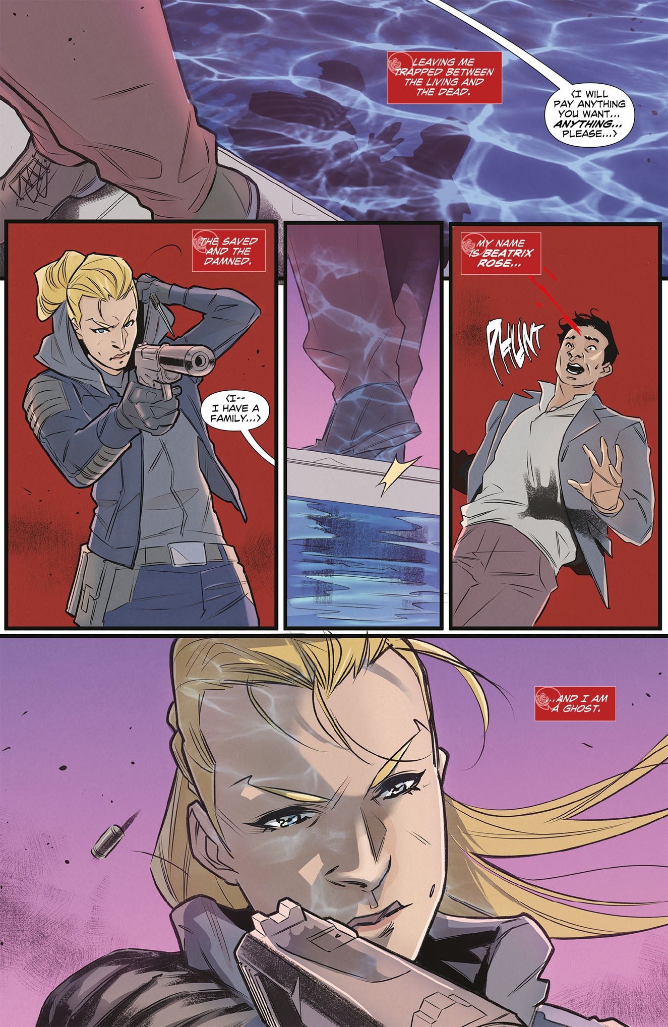 Blonde Beatrix Rose in tactical gear shoots a pleading man. A bullet casing flies; her expression is cold