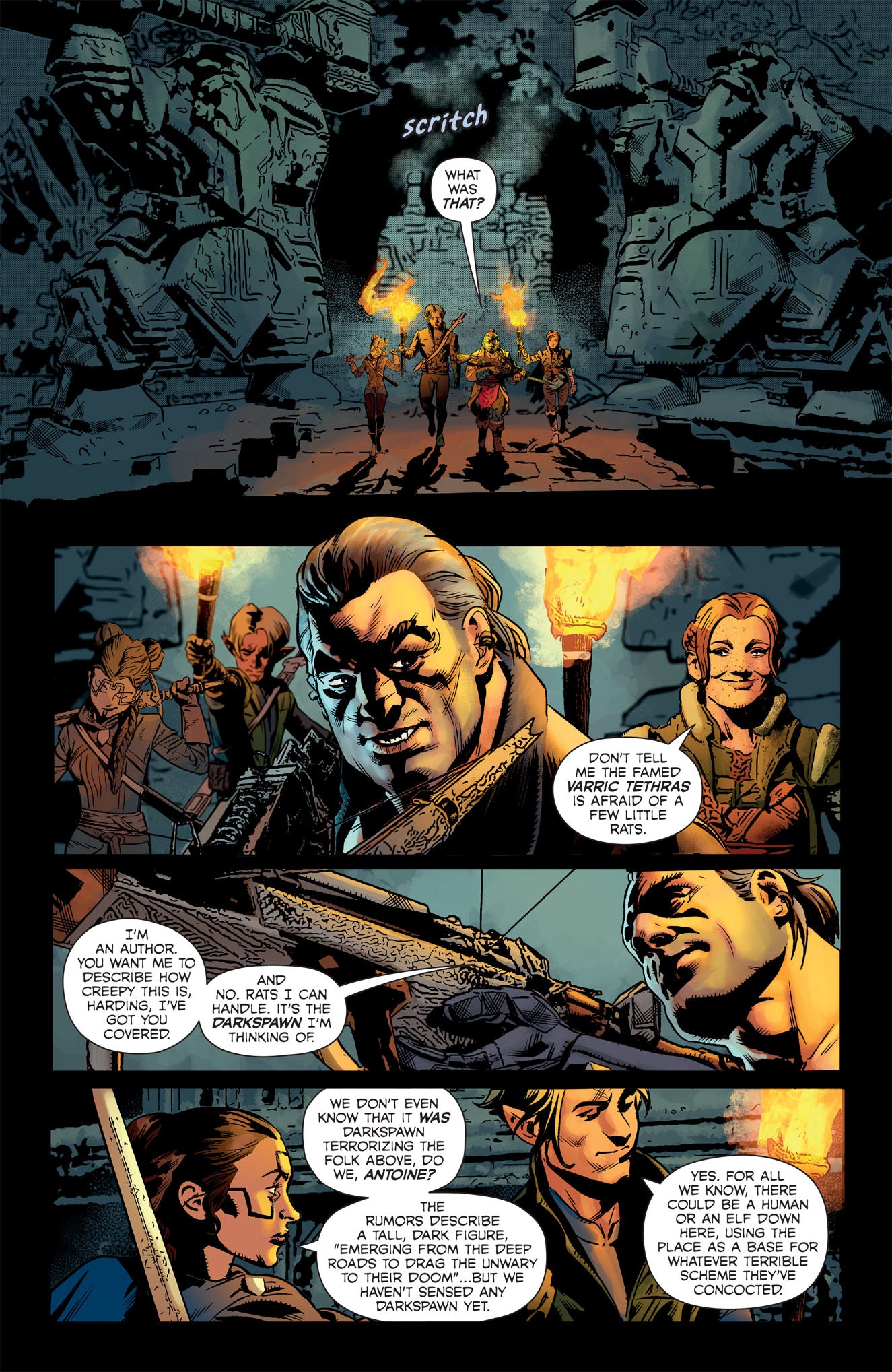 This Dragon Age comic page depicts explorers with torches walking through a dark cavern filled with ancient statues and close-ups of them discussing mysterious sounds and potential dangers
