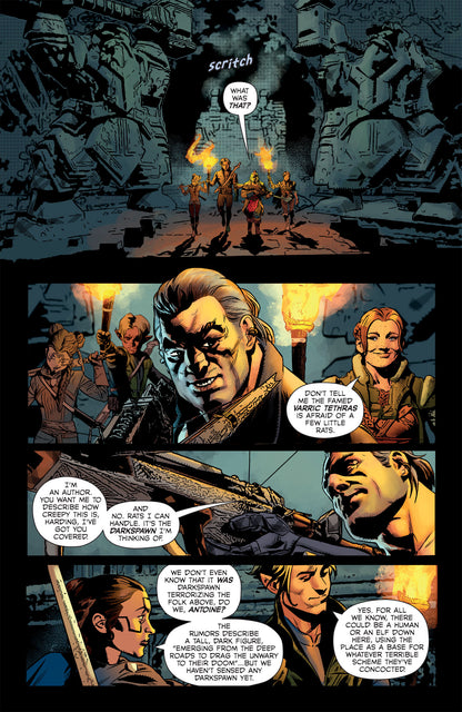This Dragon Age comic page depicts explorers with torches walking through a dark cavern filled with ancient statues and close-ups of them discussing mysterious sounds and potential dangers