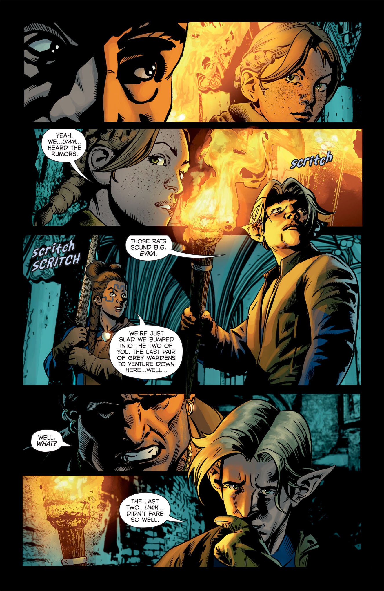 A Dark Horse Dragon Age graphic novel page shows multiple panels of characters, including an elf and a human woman, conversing in a dark, torchlit environment