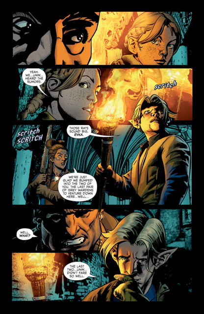 A Dark Horse Dragon Age graphic novel page shows multiple panels of characters, including an elf and a human woman, conversing in a dark, torchlit environment