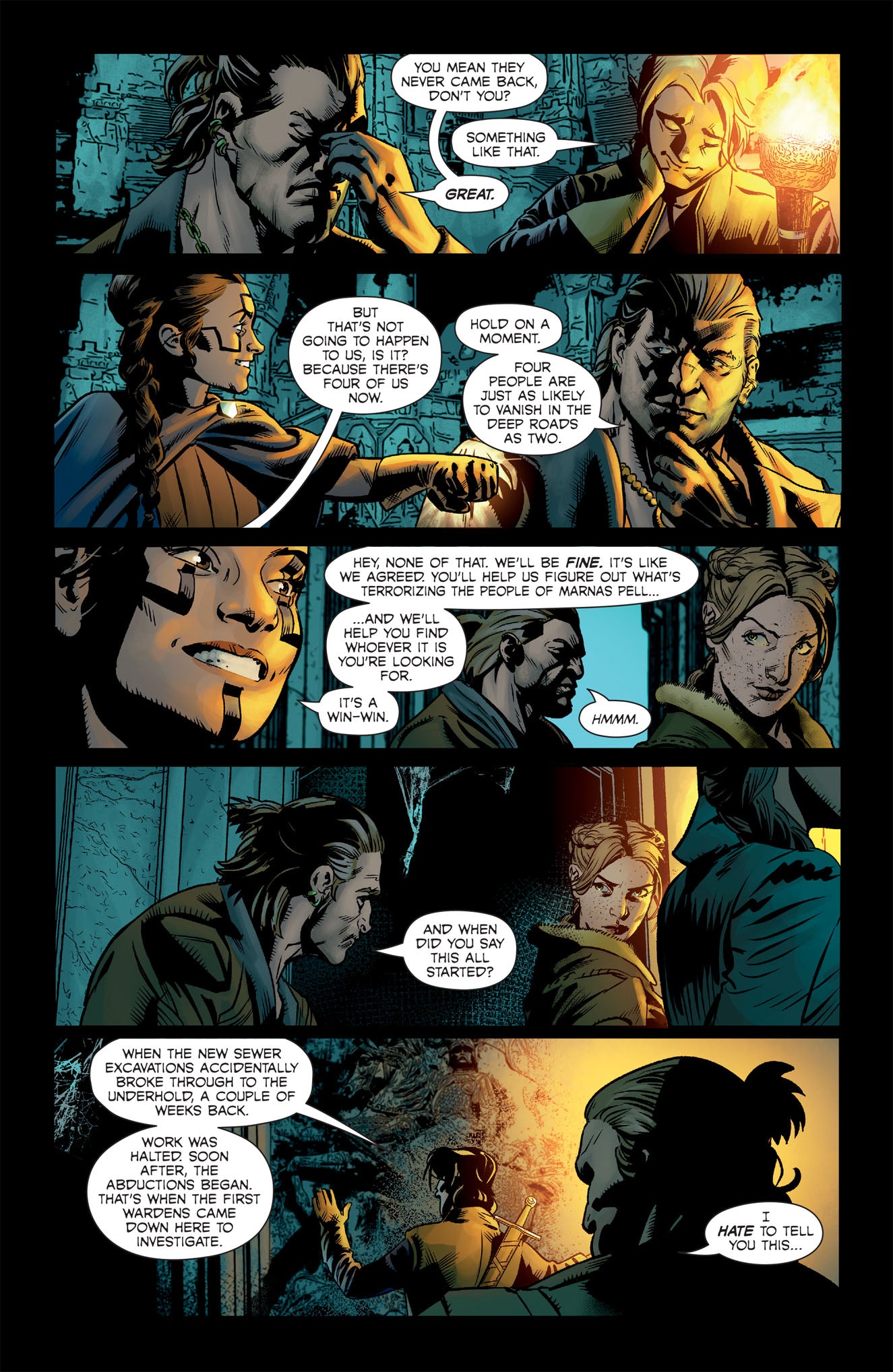 A page from the Dark Horse Dragon Age The Missing graphic novel features multiple panels showing four characters in conversation within dark, ancient-looking settings discussing mysterious events