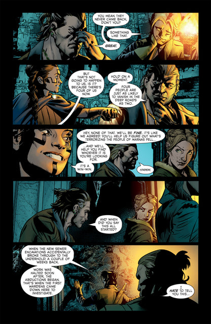 A page from the Dark Horse Dragon Age The Missing graphic novel features multiple panels showing four characters in conversation within dark, ancient-looking settings discussing mysterious events