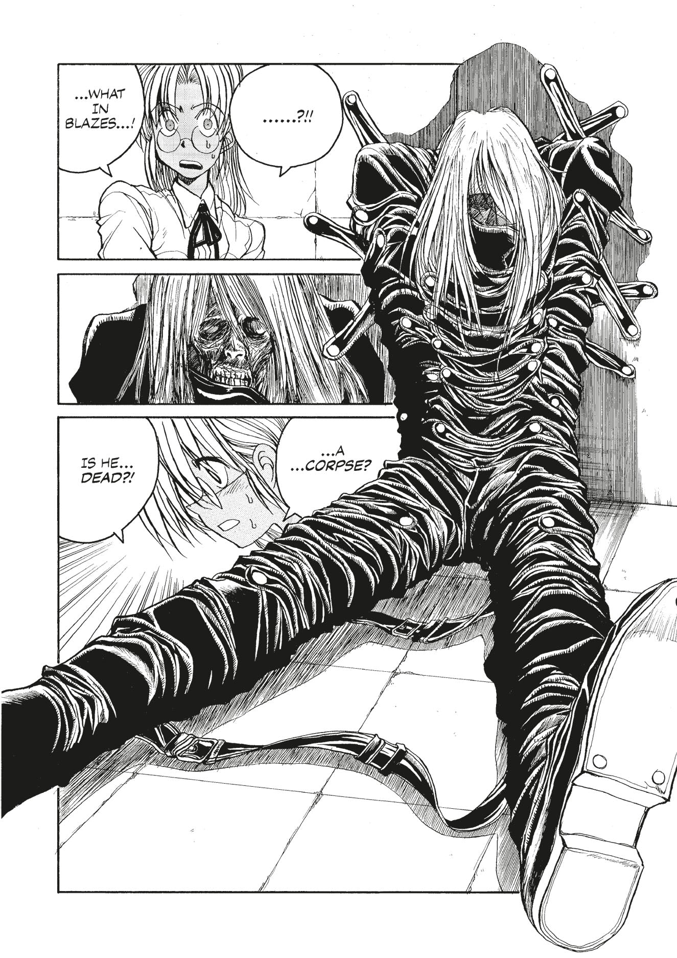 A tied-up figure with long hair and a skeletal face slumps against a wall, shocking two observers