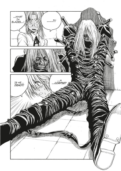 A tied-up figure with long hair and a skeletal face slumps against a wall, shocking two observers