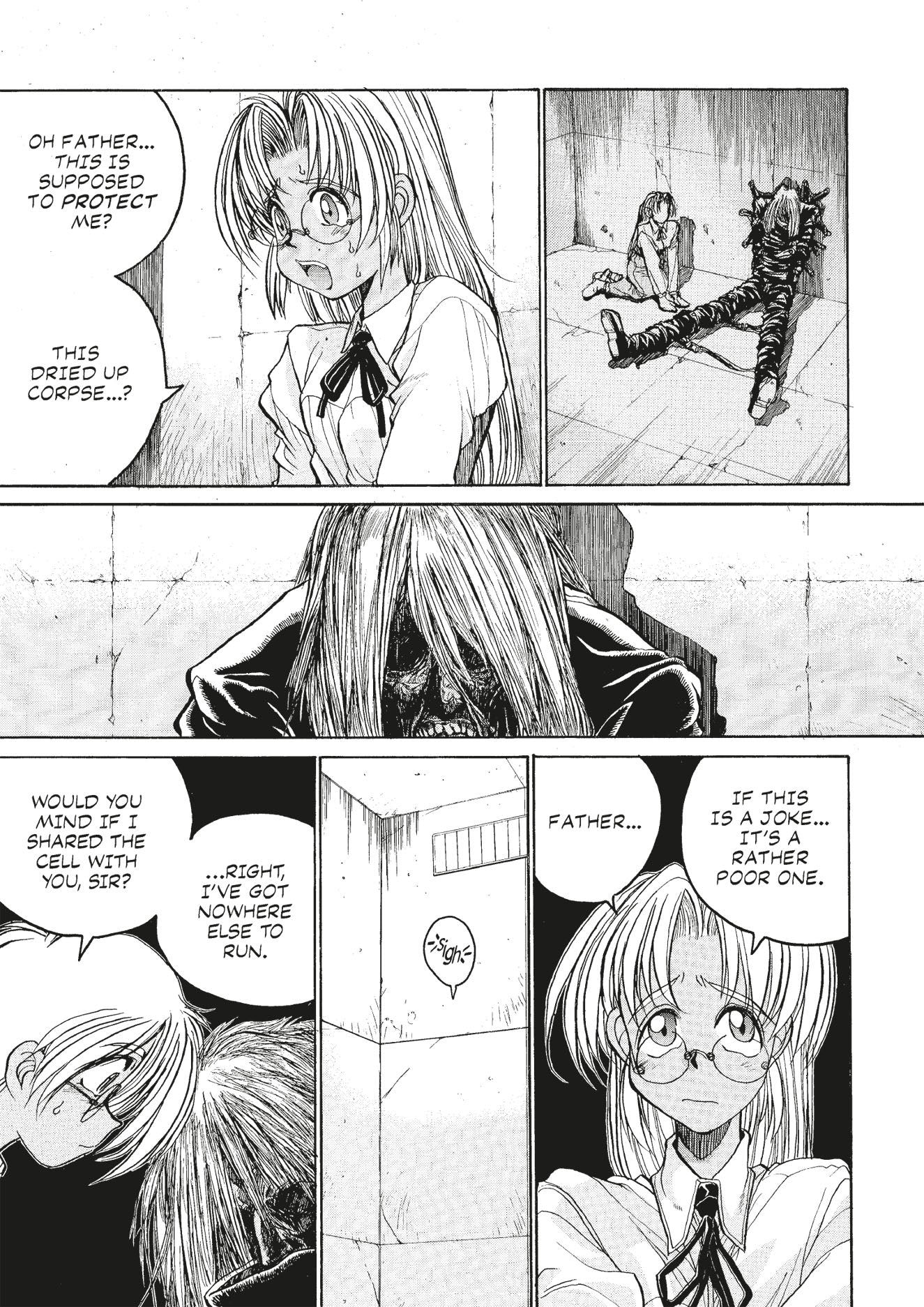 Manga: A worried girl in a cell asks if a bound, dried-up corpse is meant to protect her, then reluctantly accepts it