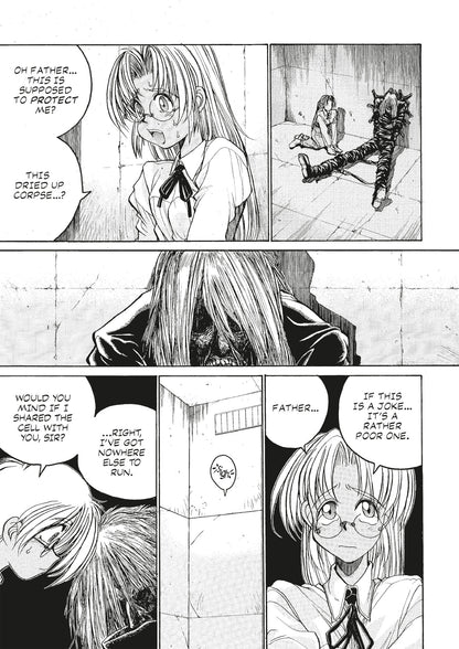 Manga: A worried girl in a cell asks if a bound, dried-up corpse is meant to protect her, then reluctantly accepts it