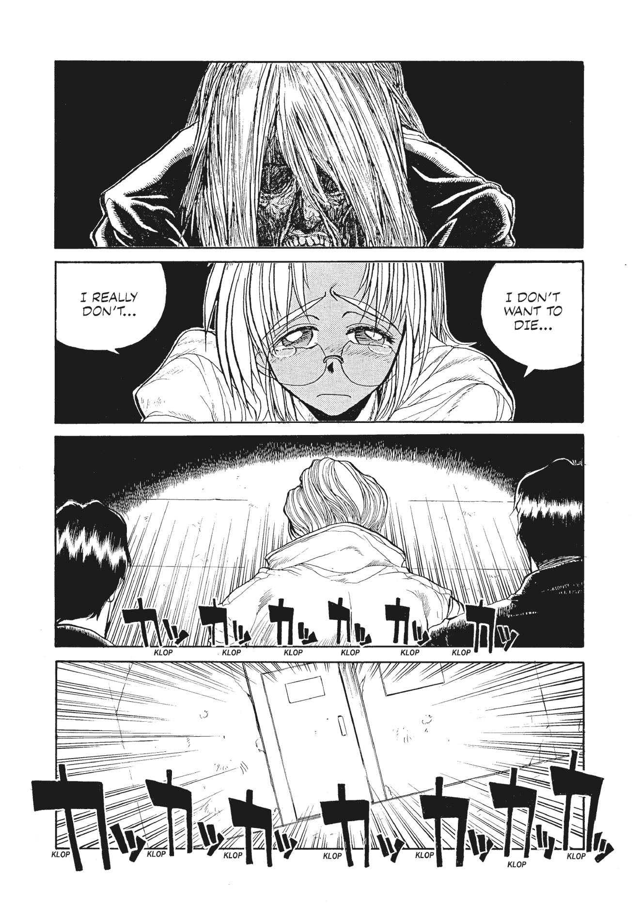 Manga page: A scary monster, a crying girl pleading "I don't want to die", and a door bursting open with "KLOP" sounds
