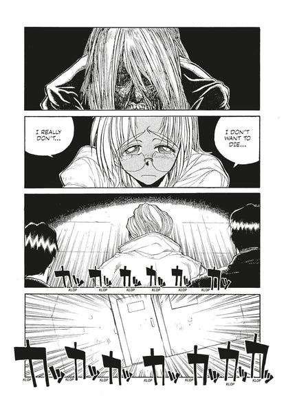 Manga page: A scary monster, a crying girl pleading "I don't want to die", and a door bursting open with "KLOP" sounds